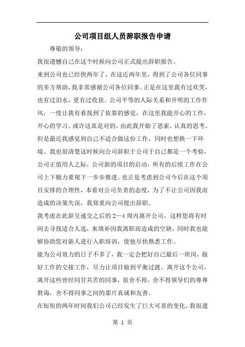 公司项目组人员辞职报告申请--word范文资料