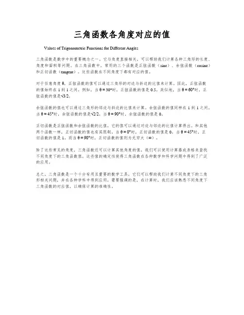 三角函数各角度对应的值