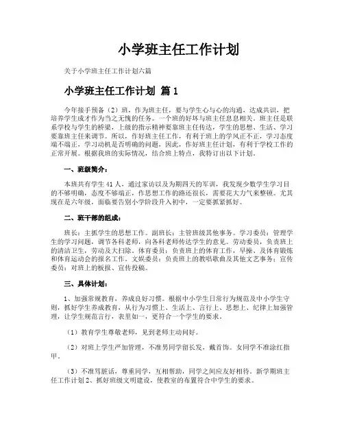小学班主任工作计划 2