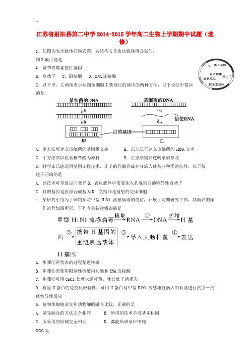 江苏省射阳县第二中学2014-2015学年高二生物上学期期中试题(选修)