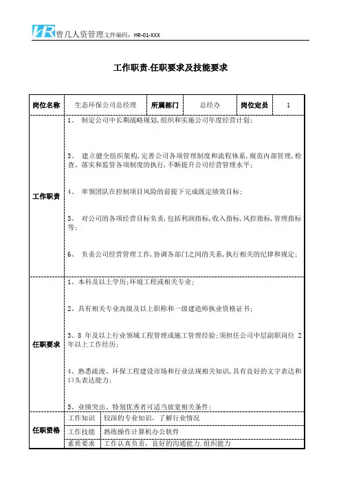 生态环保公司总经理工作职责和任职要求模板