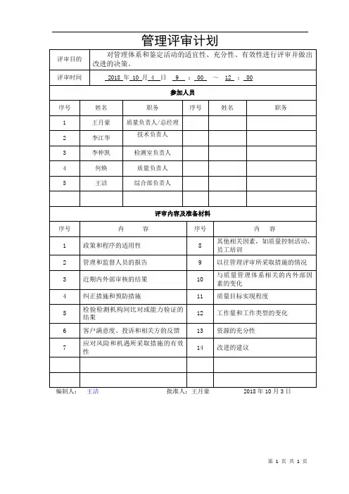 2018年度CMA检验检测机构管理评审计划