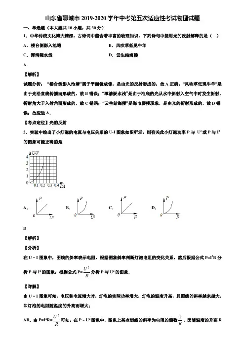 山东省聊城市2019-2020学年中考第五次适应性考试物理试题含解析
