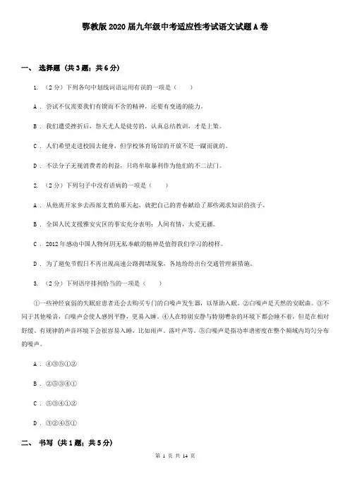 鄂教版2020届九年级中考适应性考试语文试题A卷