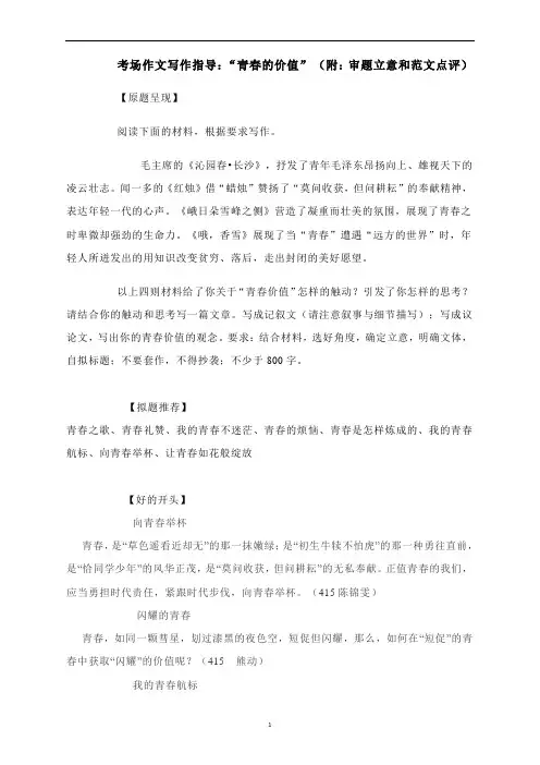 考场作文写作指导：“青春的价值” (附：审题立意和范文点评)