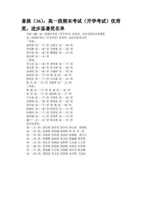 喜报(36)：高一段期末考试(开学考试)优秀奖、进步显著奖名单