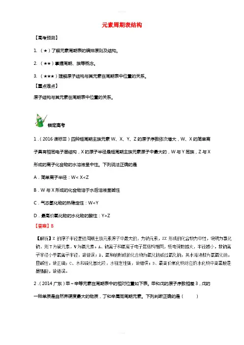 高三化学总复习 专题攻略 之物质结构 元素周期律(上)一、 元素周期表结构(含解析)