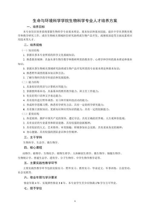 生命与环境科学学院生物科学专业人才培养方案