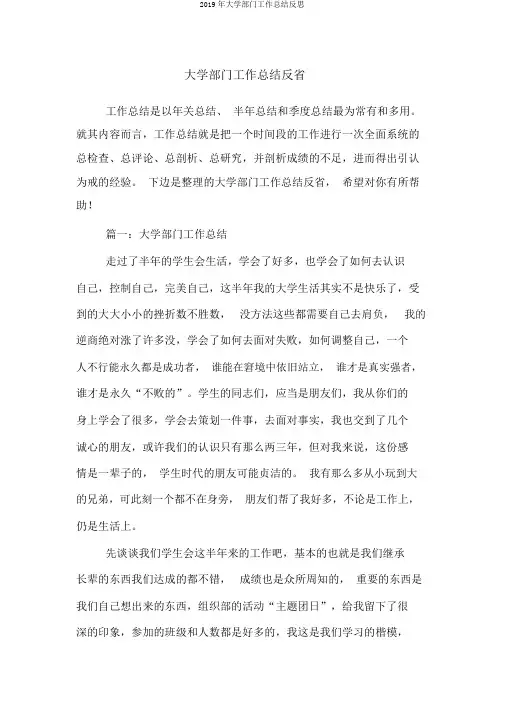 2019年大学部门工作总结反思
