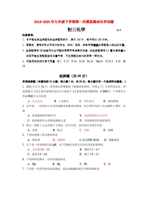 2019-2020年九年级下学期第一次模拟测试化学试题