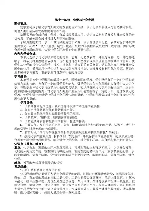 鲁教版九年级化学下册【学案一】复习化学与社会发展