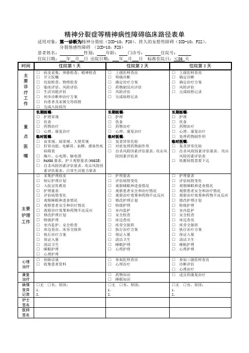 精神分裂症等精神病性障碍临床路径表单