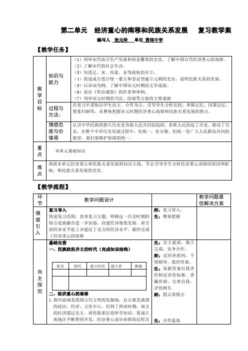 人教版历史七年级下册第二单元经济重心的南移和民族关系发展复习教学案教案教学设计
