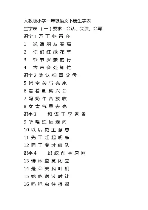 人教版小学一年级语文下册生字表