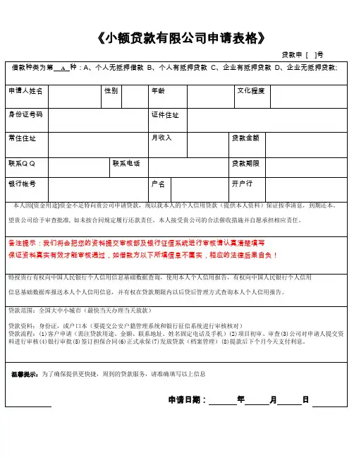 小额贷款有限公司申请表格