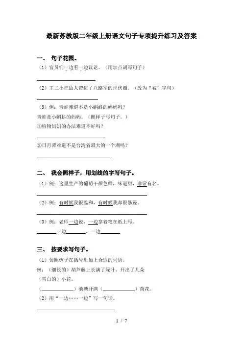 最新苏教版二年级上册语文句子专项提升练习及答案