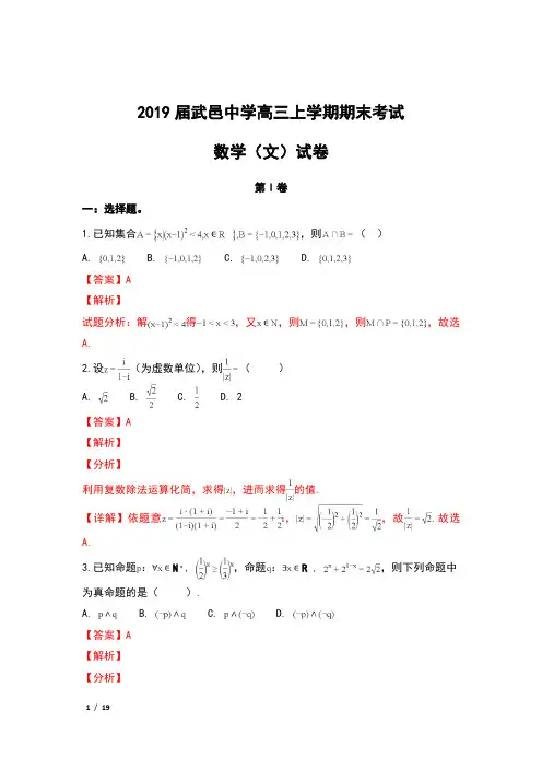 2019届河北省武邑中学高三上学期期末考试数学(文)试卷及解析