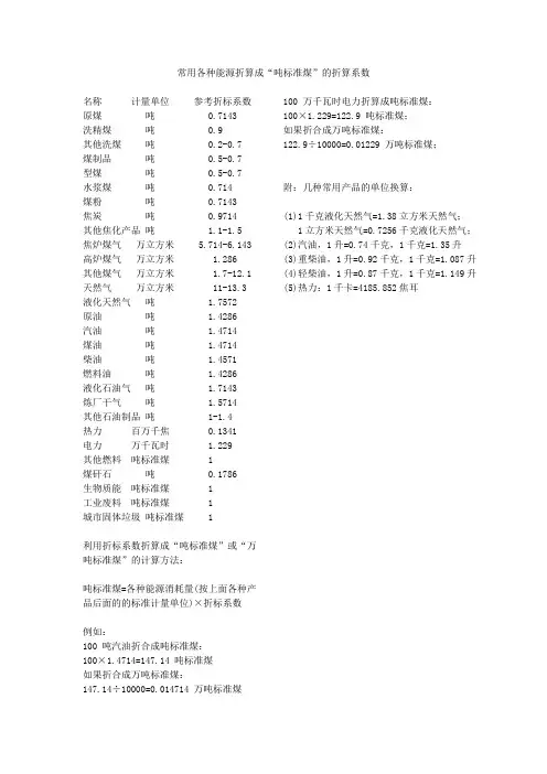 各种能源折算成“吨标准煤”的折算系数