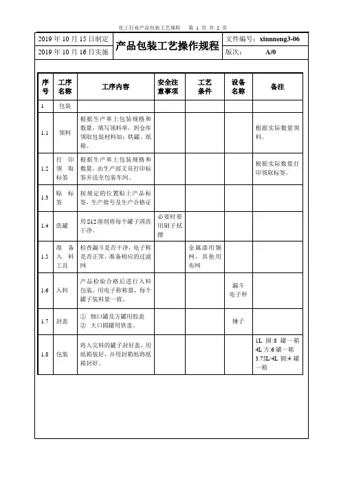 化工行业产品包装工艺规程