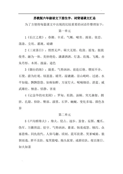 苏教版(六年级语文下册)生字词总汇