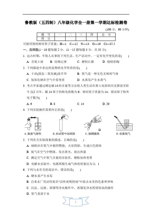 鲁教版(五四制)八年级化学全一册第一学期达标检测卷