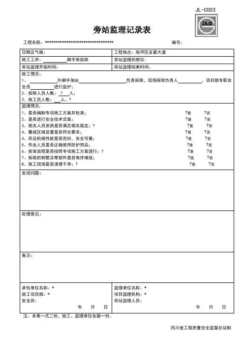 脚手架拆除旁站监理记录表
