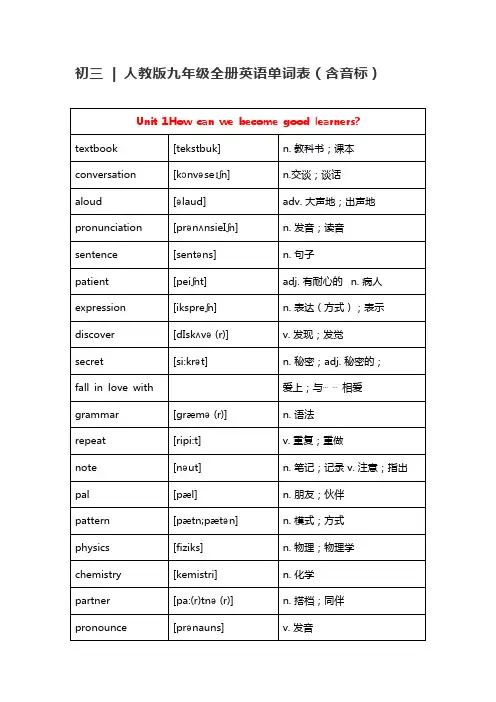 初三人教版九年级上下册全册英语单词表(含音标)