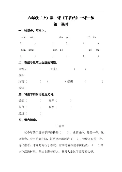 【精】部编版六年级上册语文一课一练 2《丁香结》(基础 提升,含答案)