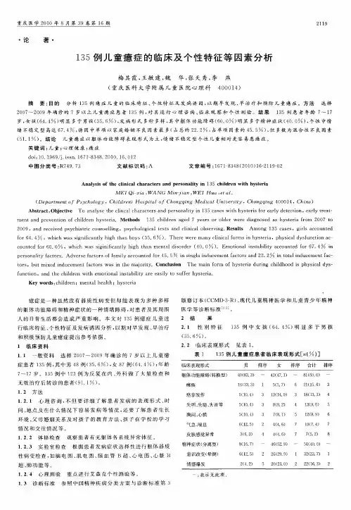 135例儿童癔症的临床及个性特征等因素分析