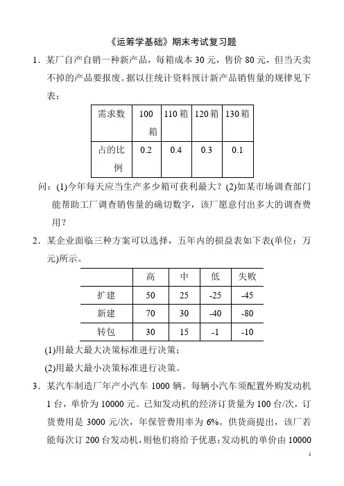 《运筹学基础》期末复习题