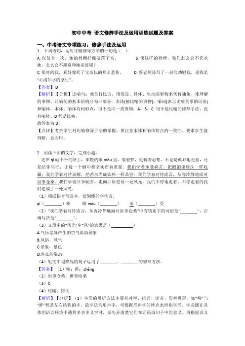 初中中考 语文修辞手法及运用训练试题及答案 2