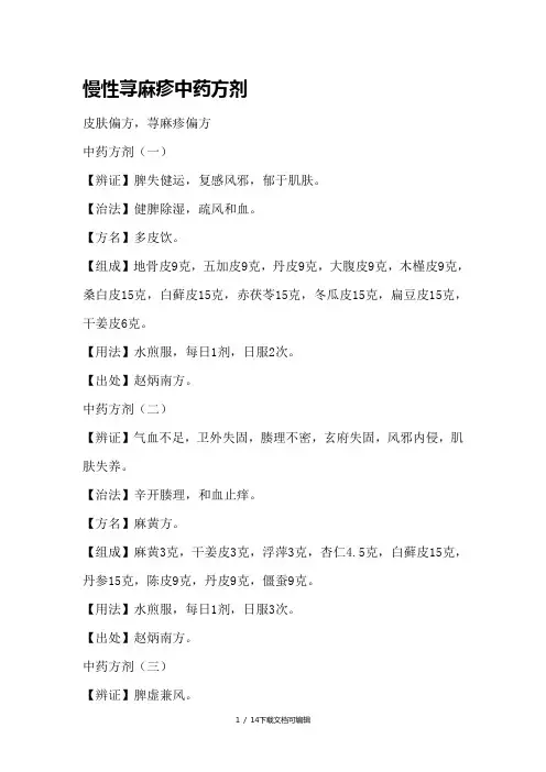慢性荨麻疹中药方剂
