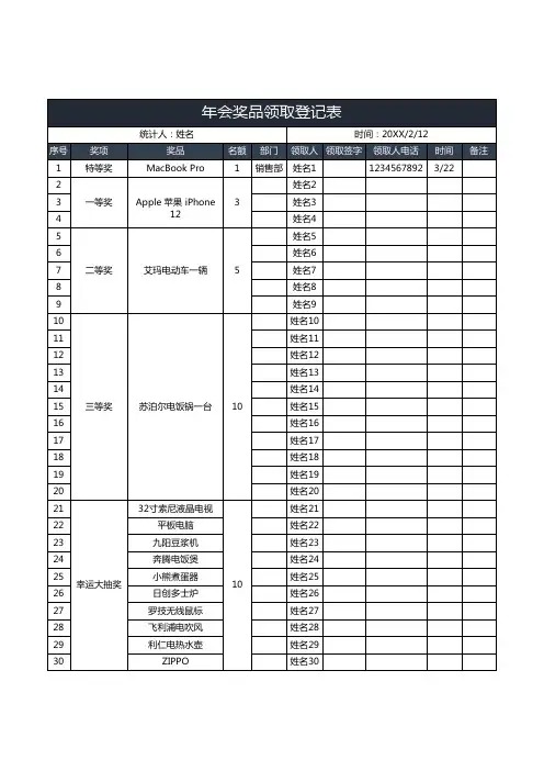 年会奖品领取登记表
