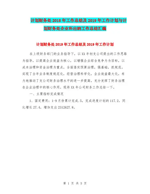 计划财务处2018年工作总结及2019年工作计划与计划财务处企业科出纳工作总结汇编.doc