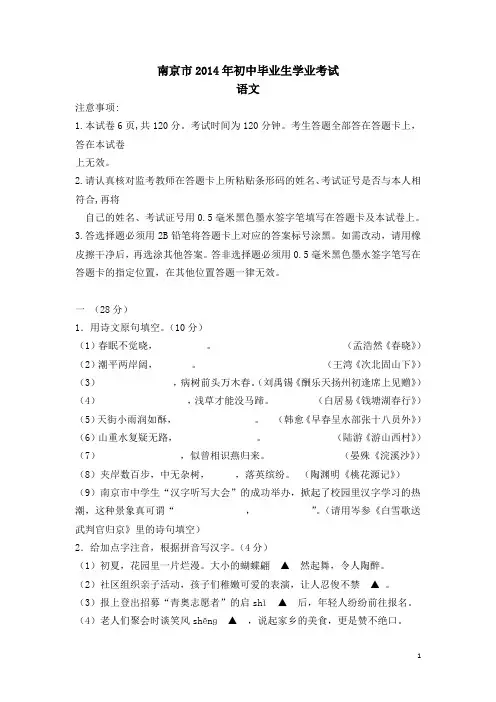 2014江苏南京中考语文试题及答案解析
