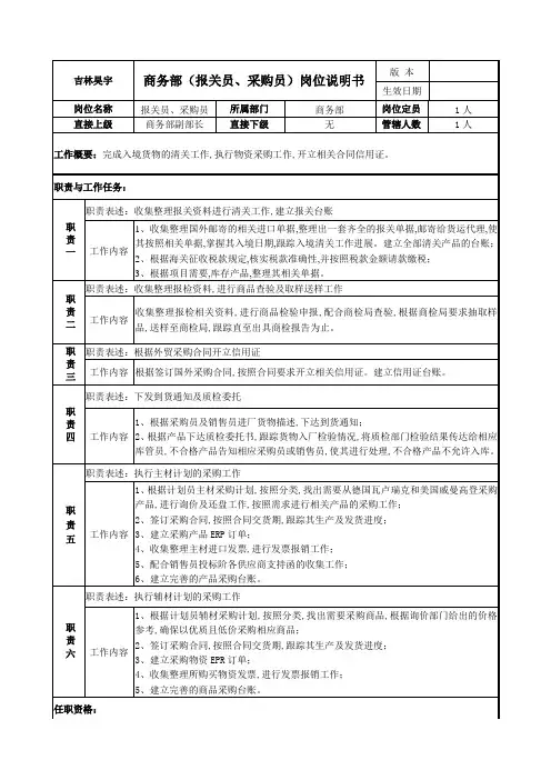 报关员、采购员岗位说明书