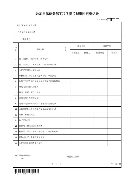 7.3.2.1、地基与基础分部工程质量控制资料核查记录