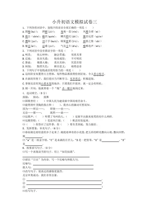 小升初语文模拟试卷三