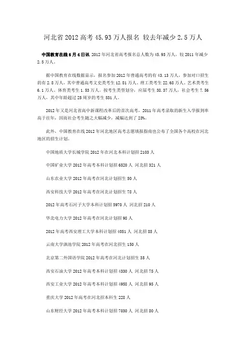 2012年高校在全国各省市招生计划：河北
