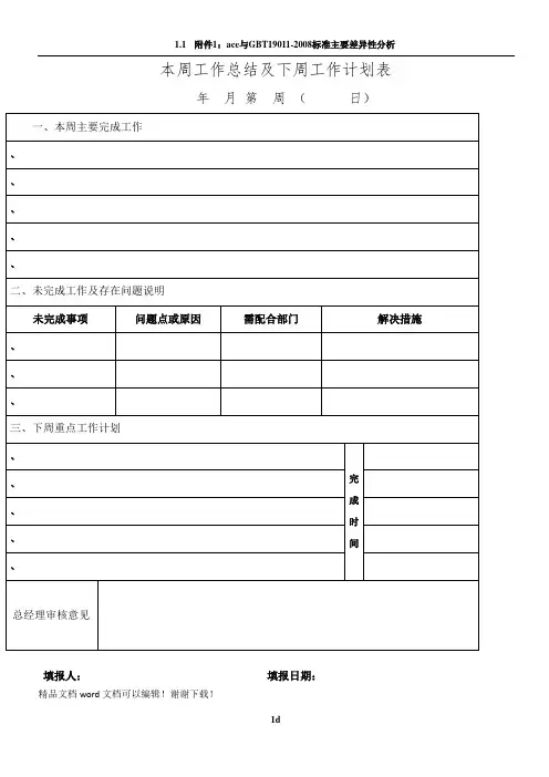 本周工作总结及下周工作计划表