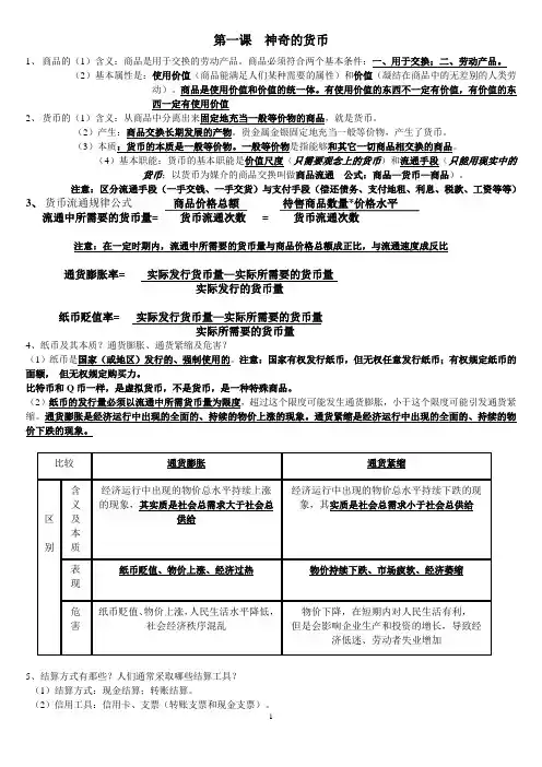 高中政治经济生活复习提纲 最新版
