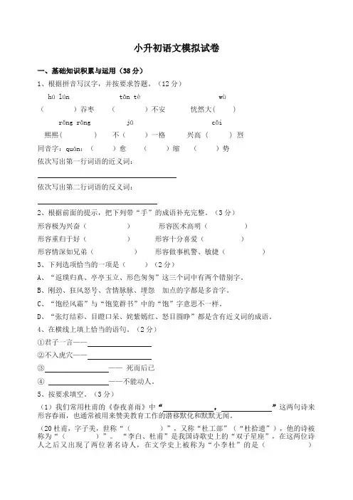 2020人教部编版小升初语文模拟试卷含答案