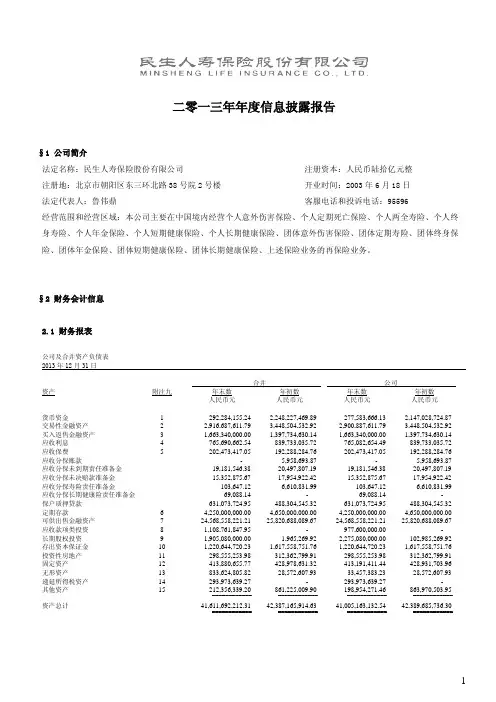 民生人寿2013年年度信息披露报告