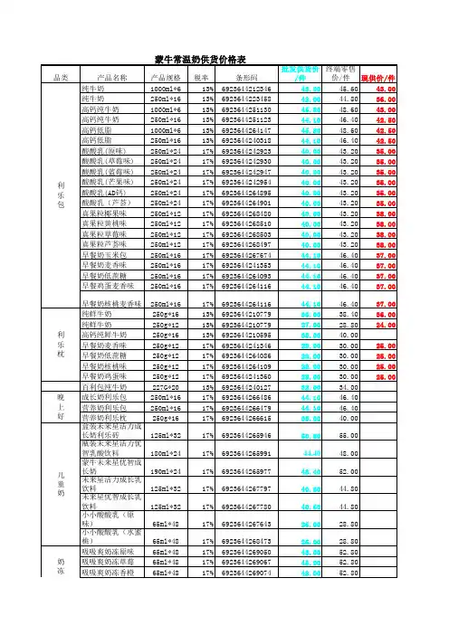 蒙牛常温奶供货价格表