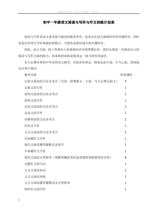 初中一年级语文阅读与写作与作文训练计划表