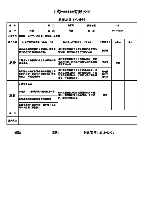 品质部门周工作计划