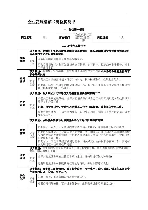企业发展部部长岗位说明书