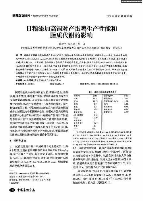 日粮添加高铜对产蛋鸡生产性能和脂质代谢的影响