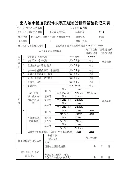 室内给水管道及配件安装工程检验批质量验收记录表