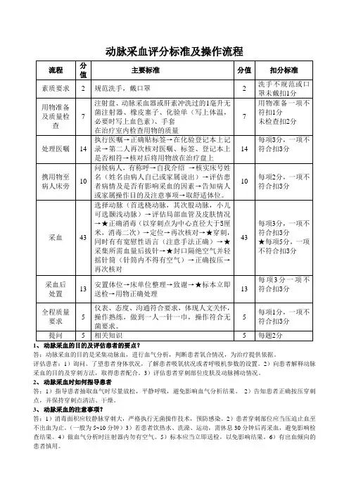 动脉采血评分标准及操作流程